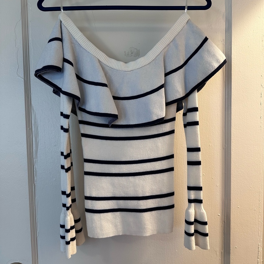 Striped Off-Shoulder Sweater - Navy and White